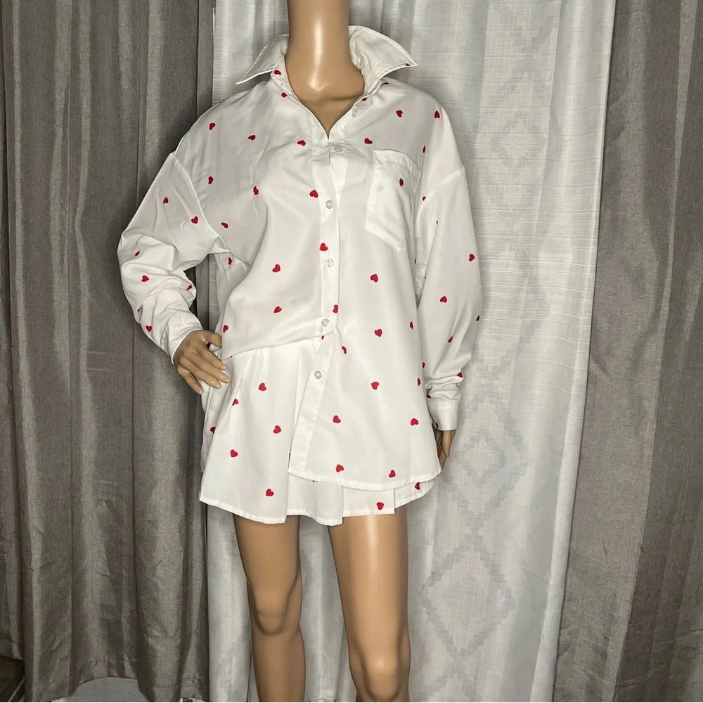 SHEIN Heart Print Shirt and Pleated Skort Set XS